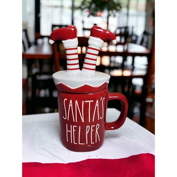 Rae Dunn Other - Rae Dunn SANTA'S HELPER Mug w Elf Legs Topper Christmas Red White 2020 VHTF